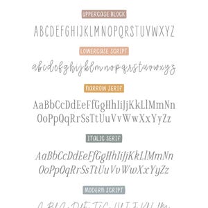 Op de afbeelding: Een grafiek die verschillende lettertypen voor namen laat zien. De lettertypen zijn gelabeld als hoofdletterblok, kleine letter script, smal schreef, cursief schreef en modern script. Het alfabet wordt in elk lettertype weergegeven.