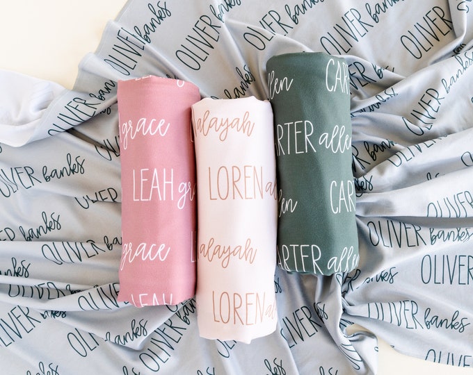 Personalized swaddles, hats, and bows - modern font duo