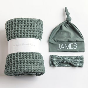 Balsam Waffle Baby Blanket Set with personalized hat or bow