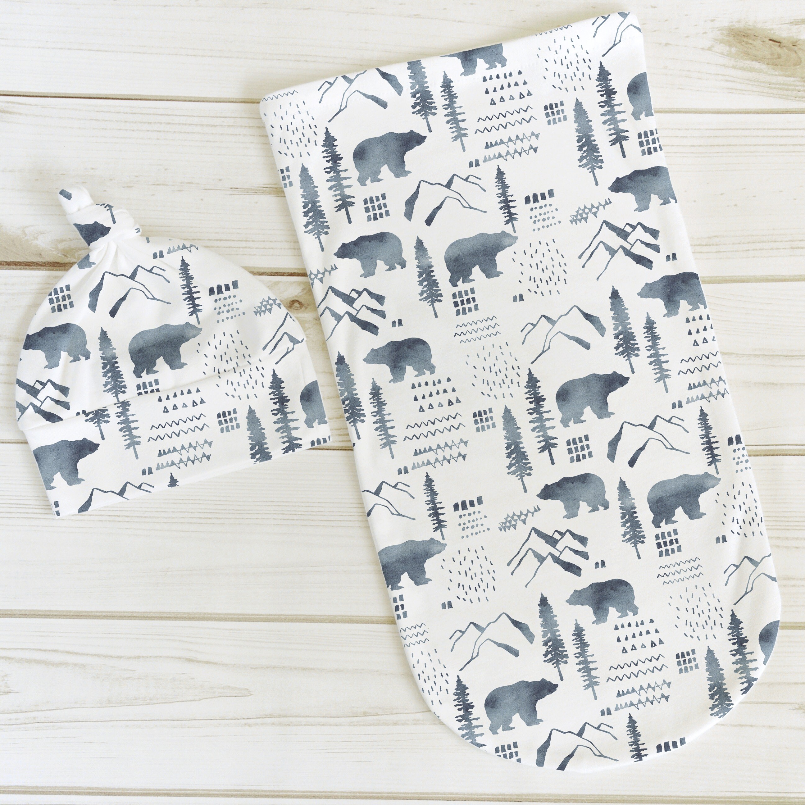 Organic Swaddle Cocoon & Hat Set Forest Bears Blue newborn Etsy