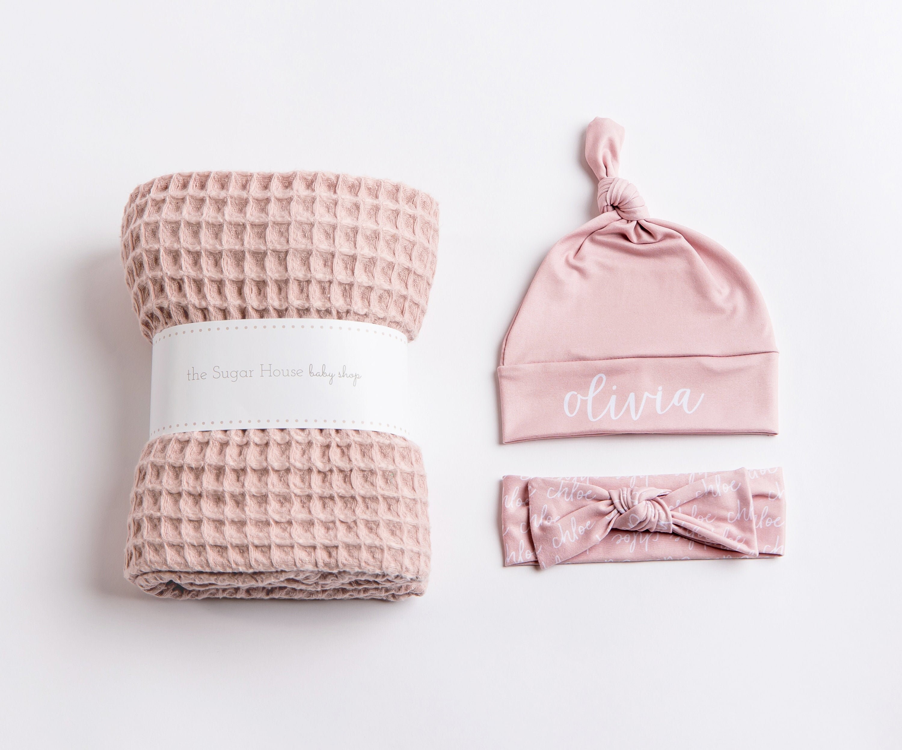Blush Pink Waffle Baby Blanket with personalized hat or bow Etsy
