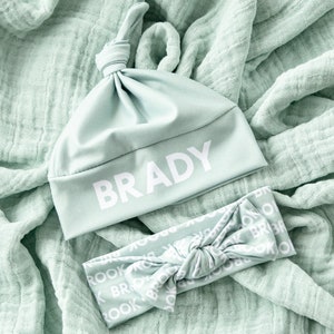 Seafoam Personalized Set - deluxe muslin swaddle with hat or bow