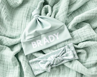 Seafoam Personalized Set - deluxe muslin swaddle with hat or bow