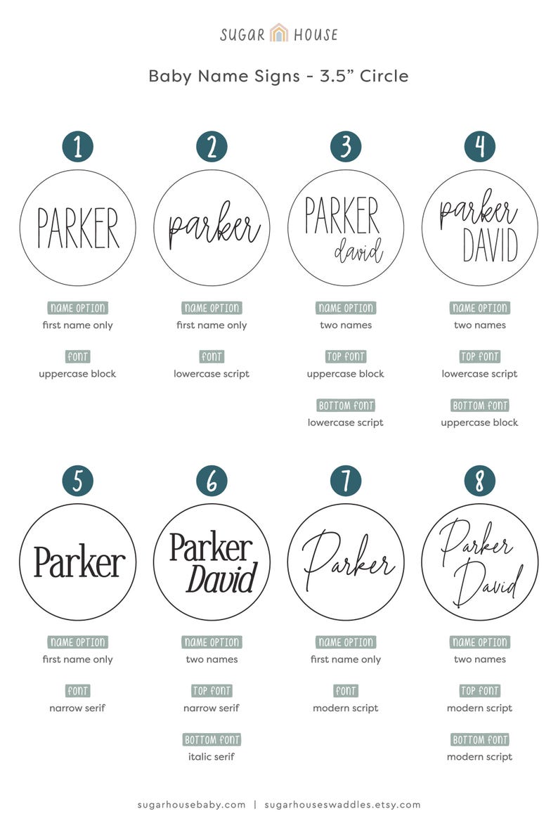 Op de afbeelding: Acht verschillende ontwerpen voor ronde babynaamschildjes van 8,9 cm. De borden tonen de naam "Parker" in verschillende lettertypen en stijlen, waaronder hoofdletters, kleine letters, smal schreef en modern schrift. Sommige borden bevatten ook de naam "David".