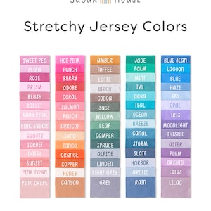 May include: Image showcasing a color chart titled "Stretchy Jersey Colors." The chart displays fabric swatches in various shades, including pinks, oranges, greens, blues, and purples, each labeled with a unique color name.