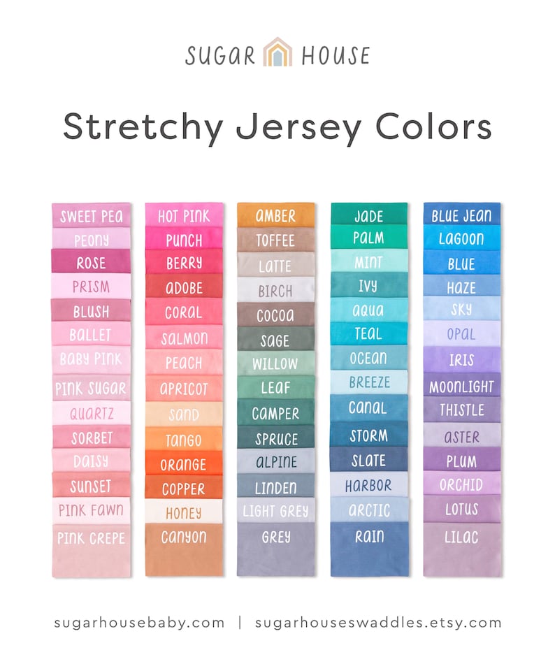 May include: Image showcasing a color chart titled "Stretchy Jersey Colors." The chart displays fabric swatches in various shades, including pinks, oranges, greens, blues, and purples, each labeled with a unique color name.