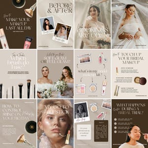 Op de afbeelding: Een collage van afbeeldingen gerelateerd aan schoonheid en make-up. De afbeeldingen bevatten tekst zoals 'Hoe je je make-up de hele dag laat zitten', 'Voor & Na' en 'Wat zit er in mijn bruidsmake-upkit?' Verschillende make-upproducten en kwasten zijn ook te zien.