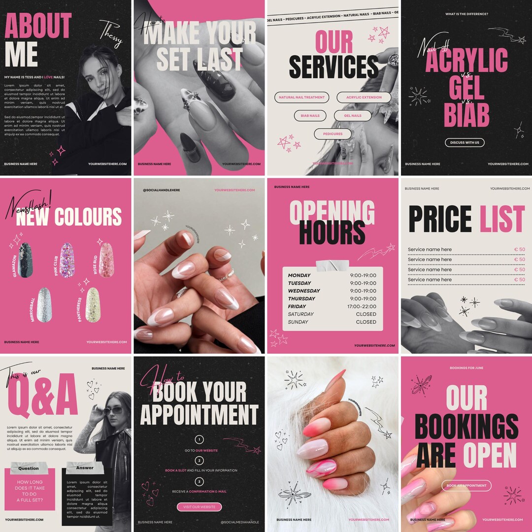 Editable Canva Social Media Templates for Nail Techs | 20 Pink & Bold ...