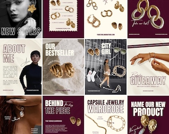 Modelos editáveis do Canva para redes sociais de marcas de joias | 20 posts luxuosos e elegantes | Download instantâneo