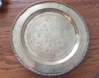 Large Brass Tray With Etched Pheasant With Flowers