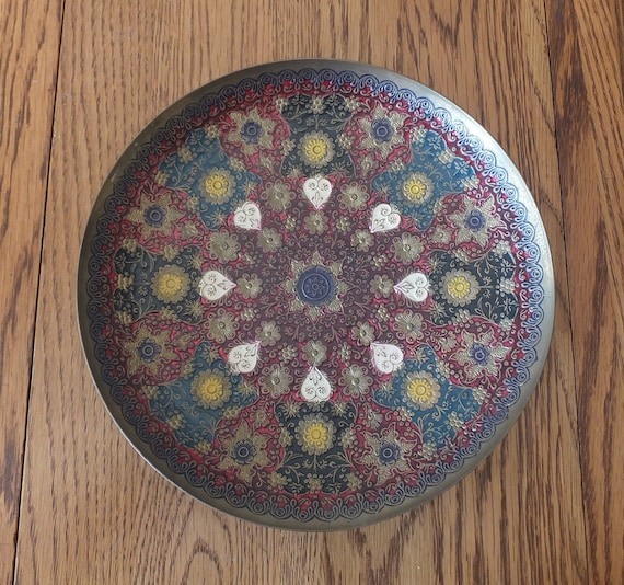 Vintage Enamel Painted Brass Plate