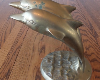 Vintage Large Brass Jumping Dolphins Statue