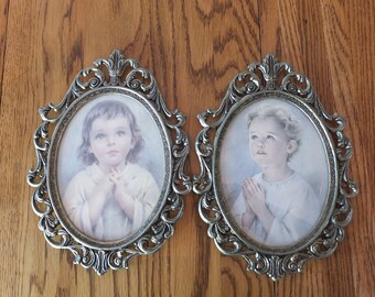 Vintage Ornate Brass Framed Prints With Praying Child Set Of 2