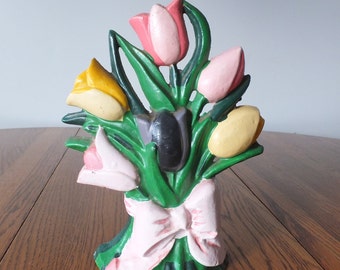 Vintage Cast Iron Bouquet Of Tulips Doorstop