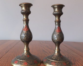 Brass Etched And Painted Candle Holders Set Of 2