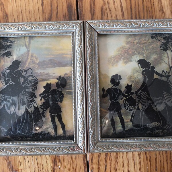 Vintage Reverse Painted Silhouette On Bubble Glass With Victorian Style Frame Set Of 2