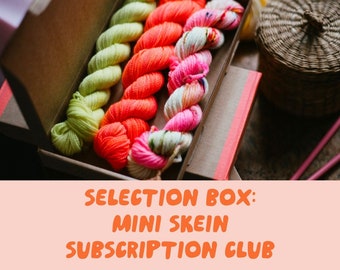 Indie Yarn Club Mini Skein Selection Box. 3x20g minis in DK or Sock. 1, 3, 6, 12 Month Yarn Club Subscription - hand-dyed merino yarn.