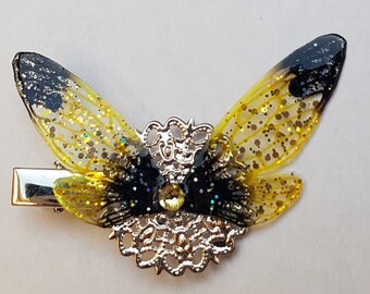 Barrette a cheveux ailes de fées dorées et noir galaxie avec cristal swarovski "Maïa"