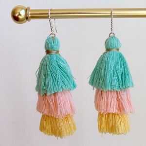Pastel Teal, Pink and Yellow Tassel Earrings