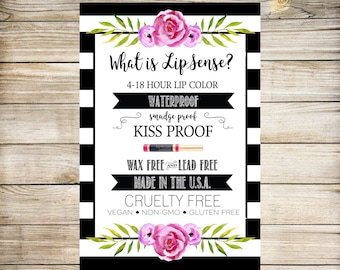 May include: A 4x6 inch sign with a black and white striped border. The sign features the text "What is LipSense?" and details about the product, including being waterproof, smudge-proof, and kiss-proof. The sign is decorated with pink roses and green leaves.