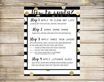 May include: Black and white striped card with gold polka dots. The card has instructions on how to apply lip color. The text reads "How to apply?" and includes four steps. The card is 8x10 inches.