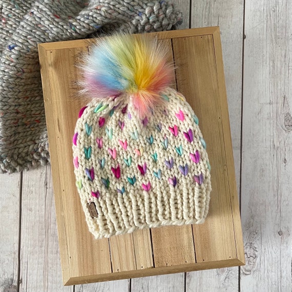 Chunky Knit Multicolor Beanie with Pom Pom Brown Multi-Color Merino Wool Knit Hat with Faux Fur Pom Pom  main image 2