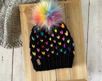 Neon Rainbow Chunky Knit Beanie, Faux Fur Pom Pom, Winter Hat
