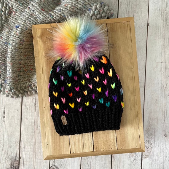 Neon Rainbow Chunky Knit Beanie, Faux Fur Pom Pom, Winter  display picture 3