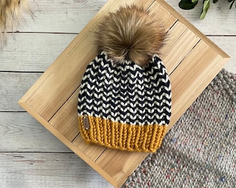 THE STRIPED BEANIE- Kids // Faux Fur Pom Pom // Knit Hat // Warm Knit Accessories // Winter Hat // Knit Chunky Hat  // Ready to Ship