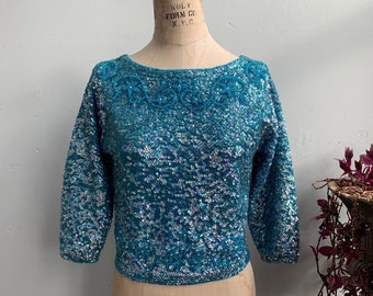 1950s 50s Turquoise Blue Sequin Hand Beaded Blouse Sweater by Harilela's