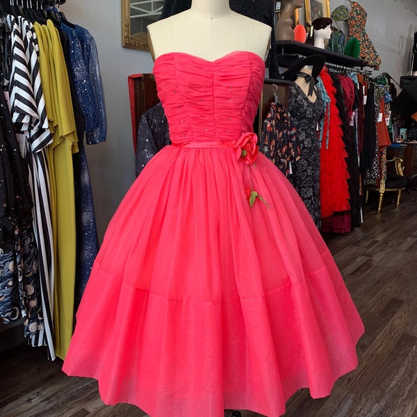 1950s 50s Vintage Hot Pink Tulle Formal Prom Cupcake Dress with Rhinestones