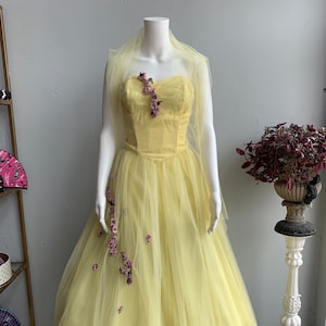 1950s Deadstock Yellow Tulle Formal Prom Dress Gown with Purple Floral Applique by &quot;Nadine Formals&quot;