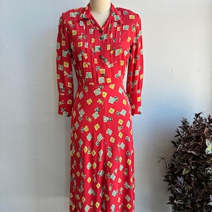 1940s Red Flowers & Seed Packets Novelty Print Rayon Crepe Dress