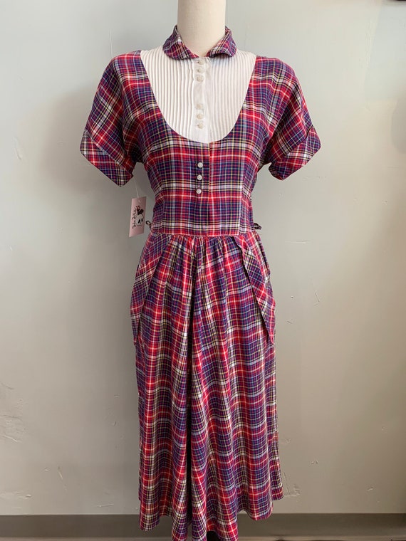 Late 1940s/Early 1950s Red & Blue Plaid Dress by "