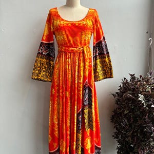 1970s 70s Vintage Orange Psychedelic Paisley Print Terry Cloth Velour Maxi Dress by Karam New York