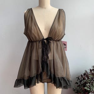 1960s 60s Vintage Black Nylon Two Piece Lingerie Babydoll Top Panties Set