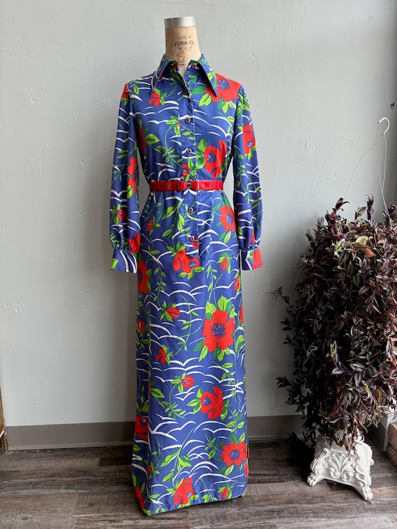blue and red poppy dress Petite Isabelle Navy Red Poppy Float Sleeve Maxi Dress Scarlett & Jo