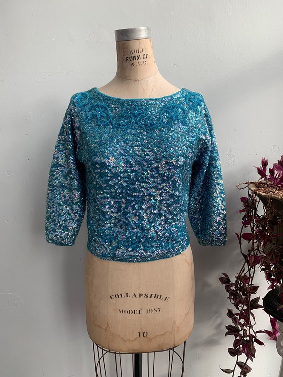 1950s 50s Turquoise Blue Sequin Hand Beaded Blouse