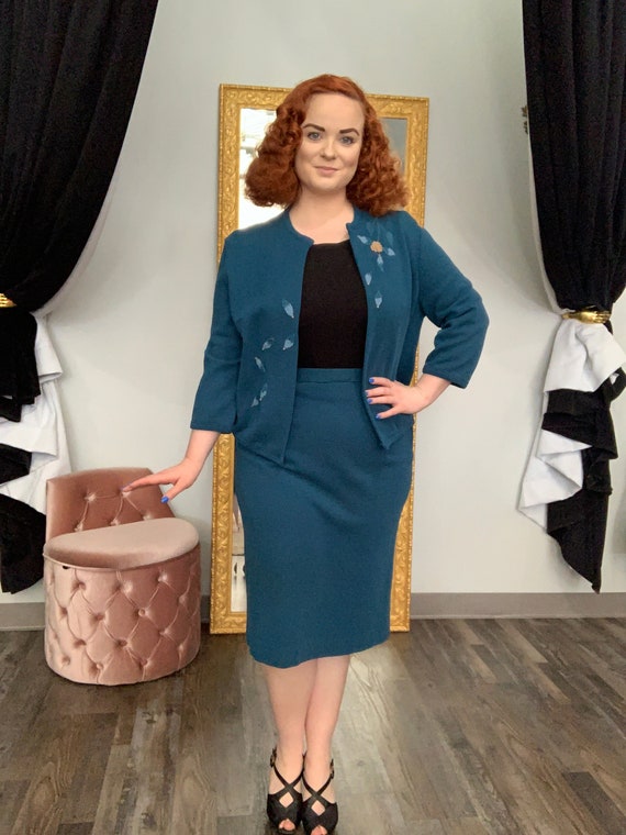 1960s Teal Knit Two Piece Skirt & Jacket Set by "B