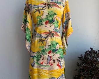 1940s Rare Eugene Savage Cold Rayon Hawaiian Tiki Novelty Print Pake Muu Dress by Waikiki Sports