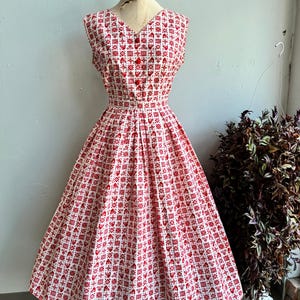 1950s 50s Vintage Red & White Chicken Novelty Print Skirt Blouse Set