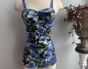 1950s 50s Vintage Blue Floral One Piece Swimsuit by Maidenform