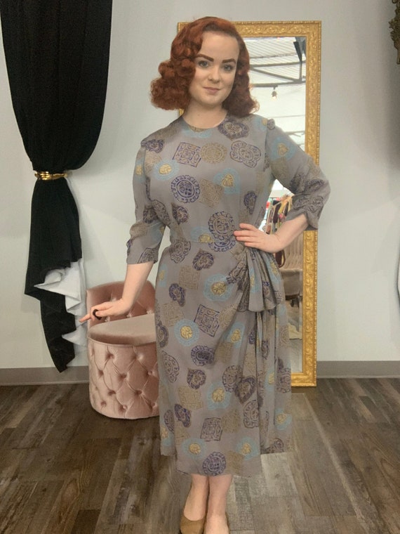 1940s Silk Medallion Novelty Print Dress with Hip
