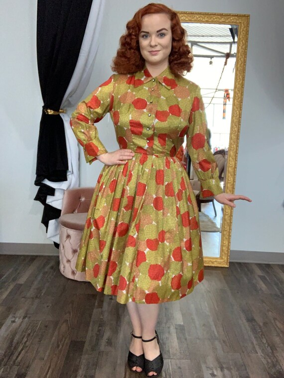 1950s Green & Red Floral Dress with Full Skirt