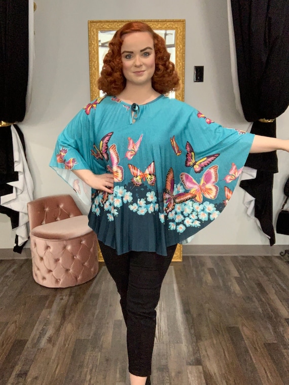 1970s Turquoise Butterfly Pleated Poncho Tiki Half