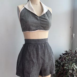 Rare 1950s 50s Vintage Denim Chambray Two Piece Shorts & Cropped Sun Top Playsuit Play Suit Set
