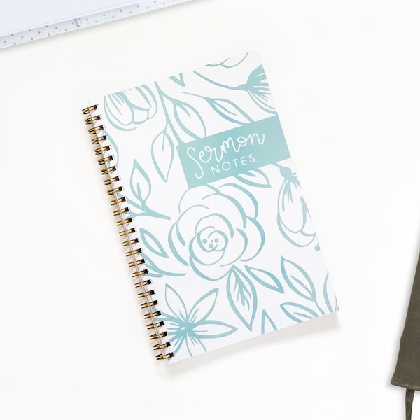 Sermon Notes Notebook - lay-flat Aqua Floral design