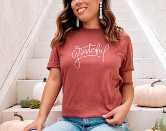 Grateful - T-shirt pour femme à manches courtes pour Thanksgiving, chemise super douce, coupe unisexe