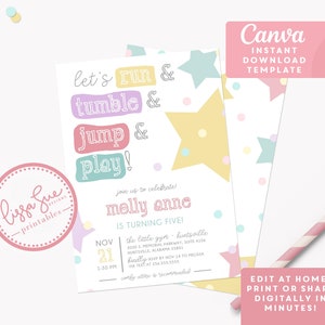 Let's Run and Tumble and Jump and Play Gymnastics Birthday Invitation Template; Girl birthday party Instant Download Canva Editable Template