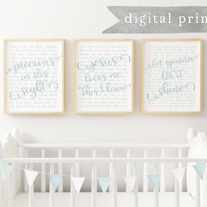 Children&#39;s Hymn BUNDLE in BLUE Set of 3 Digital Prints, This Little Light, Jesus Loves me, & Jesus Loves the Little Children, Wall Decor